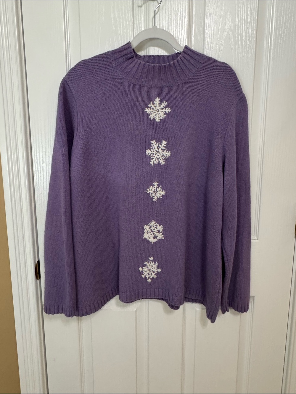 Coldwater Creek Lavender Crewneck Sweater with White Snowflake Motif